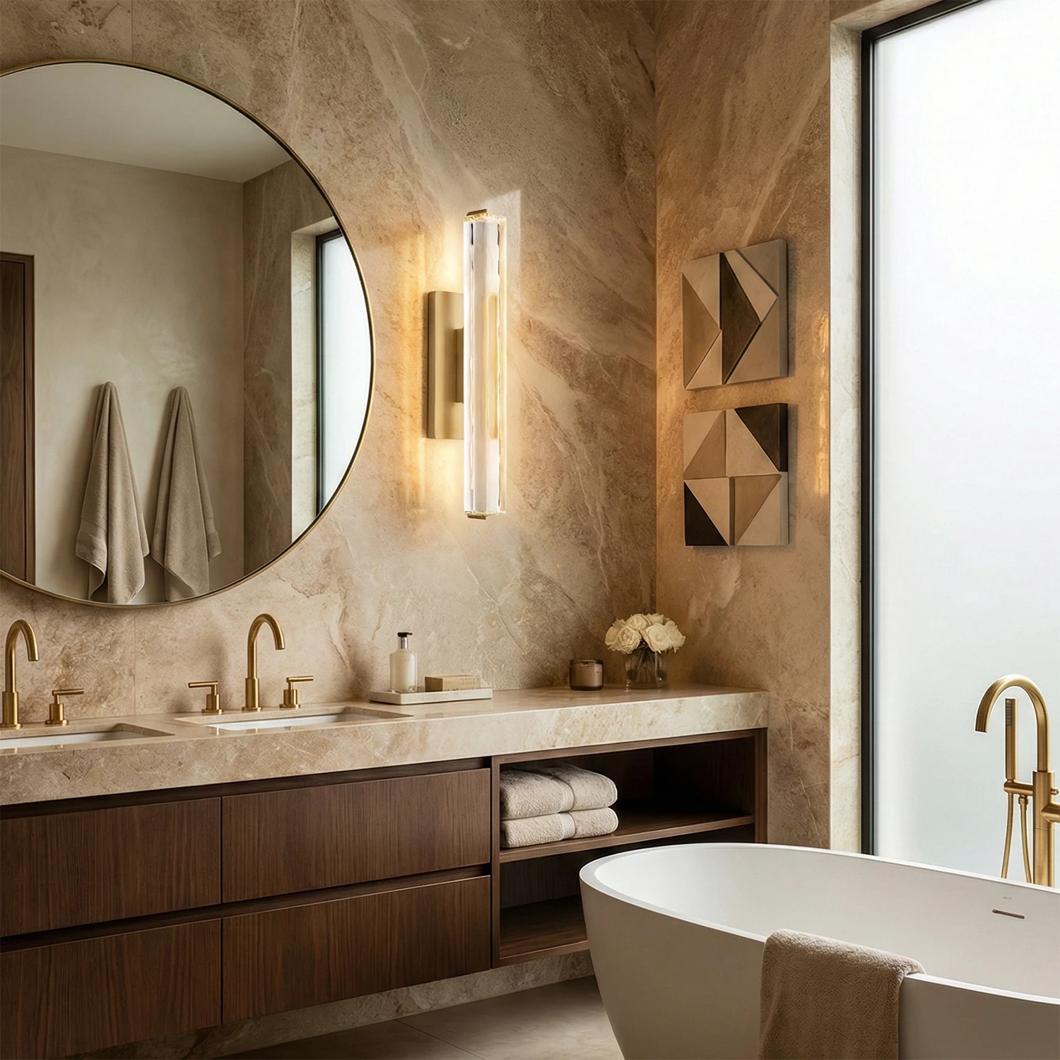 Audubonne Minimalist Crystal Column Sconce - Luxury Bathroom Vanity Round Mirror Bathtub | HoaiLamp