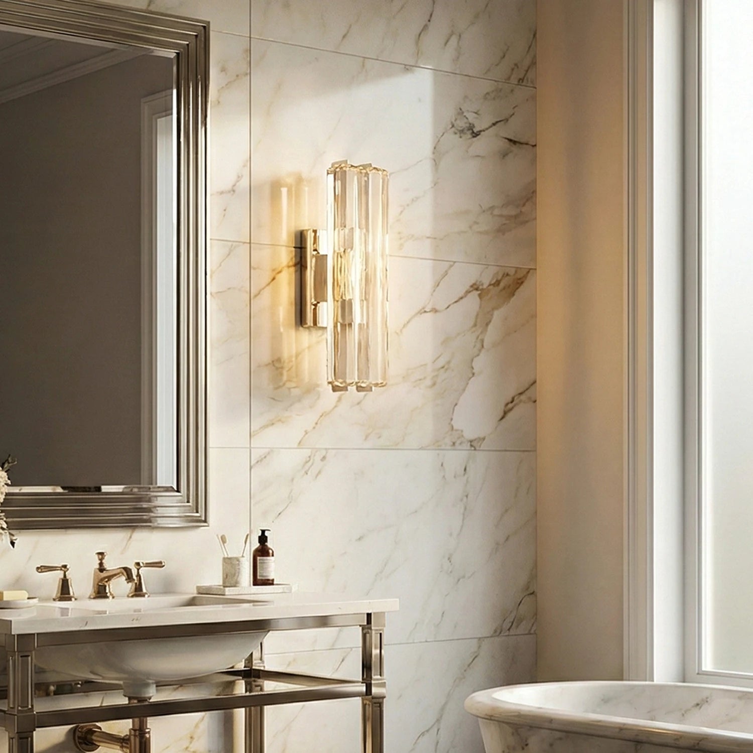 Audubonne Minimalist Crystal Column Sconce - Luxury Marble Slab Bathroom Vanity Mirror | HoaiLamp