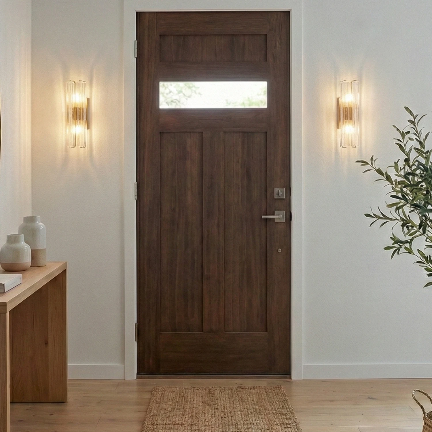 Audubonne Minimalist Crystal Column Sconce - Symmetrical Main Entrance Front Wooden Door | HoaiLamp
