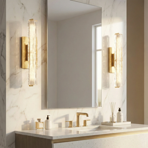 Audubonne Minimalist Crystal Column Sconce - Marble Accent Wall Bathroom Vanity Setup | HoaiLamp