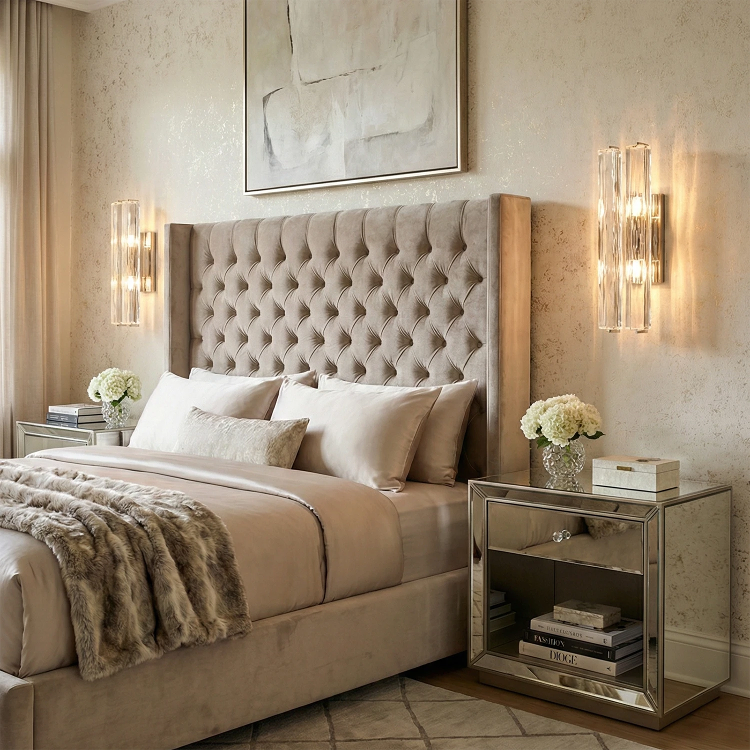 Audubonne Minimalist Crystal Column Sconce - Master Bedroom Tall Tufted Headboard Mirrored Nightstand | HoaiLamp