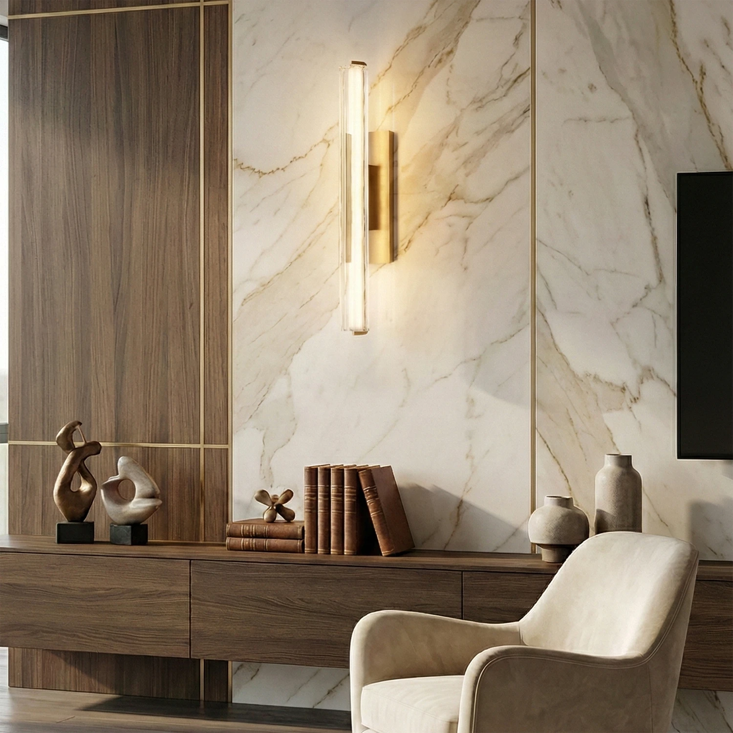 Audubonne Minimalist Crystal Column Sconce - Modern Living Room Media Console Marble Wall | HoaiLamp