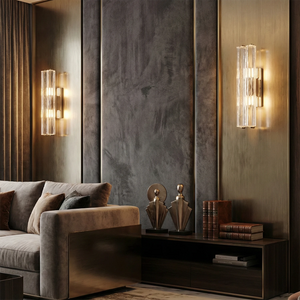 Audubonne Minimalist Crystal Column Sconce - Moody Living Room Corner Dark Wood Panel Accent | HoaiLamp