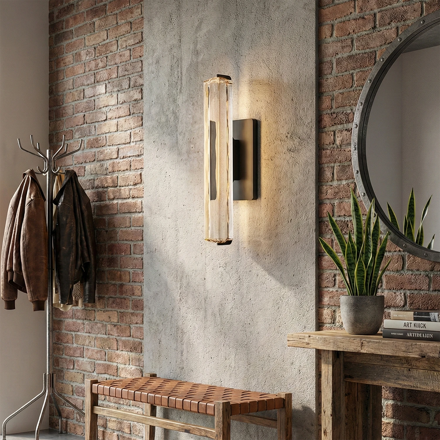 Audubonne Minimalist Crystal Column Sconce - Rustic Brick Wall Hallway Console Table | HoaiLamp