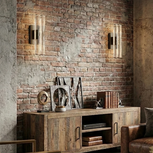 Audubonne Minimalist Crystal Column Sconce - Rustic Vignette Brick Wall Distressed Wood Cabinet | HoaiLamp