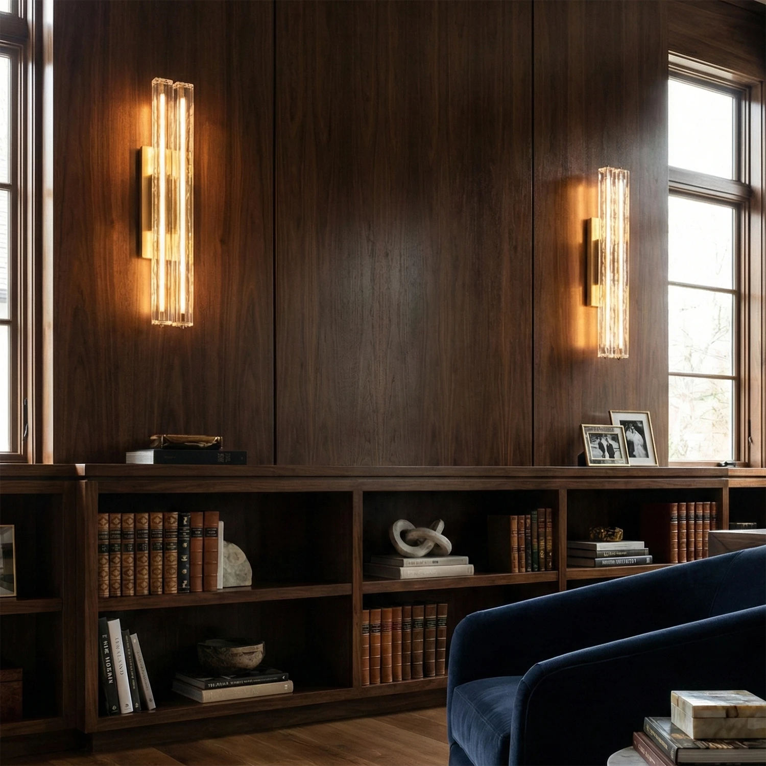 Audubonne Minimalist Crystal Column Sconce - Sophisticated Library Lounge Dark Built In Bookshelf | HoaiLamp