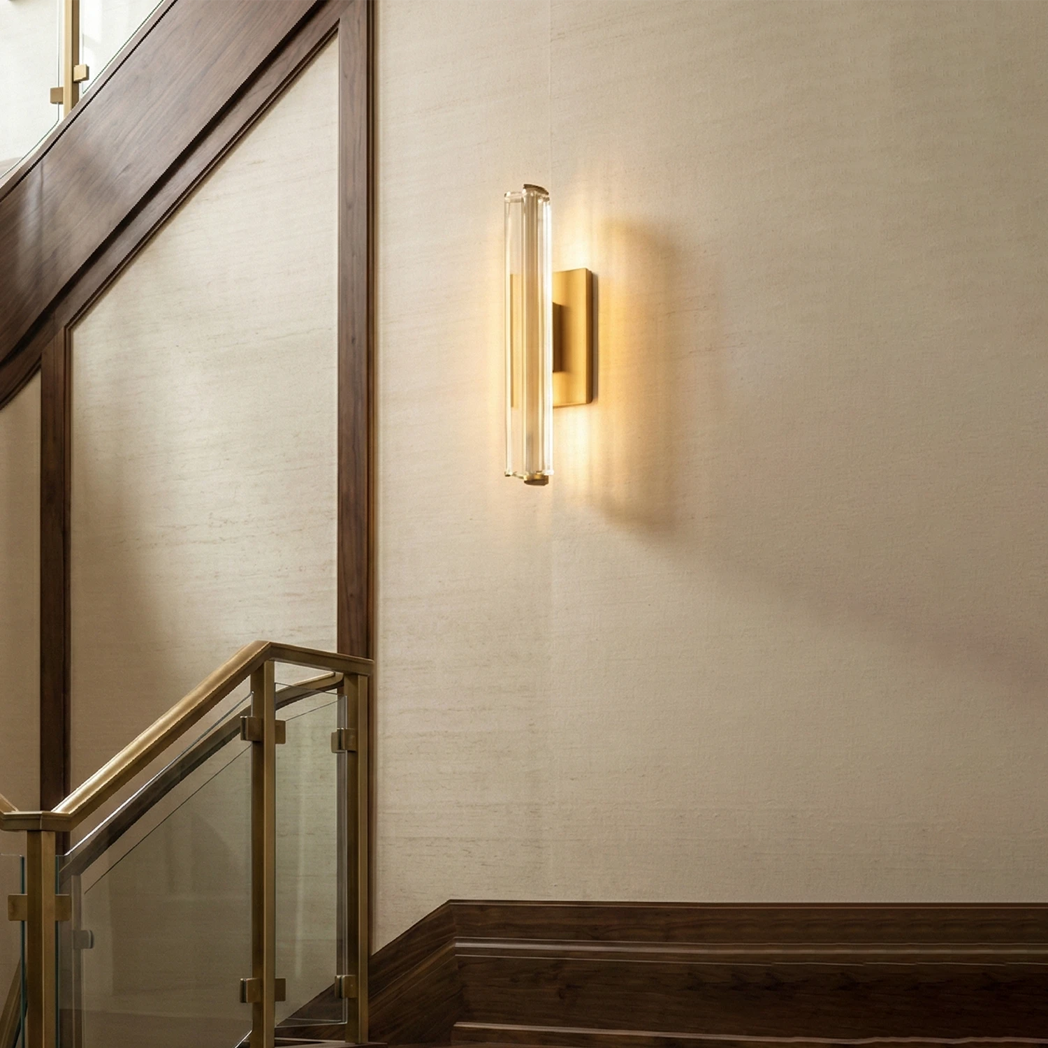 Audubonne Minimalist Crystal Column Sconce - Staircase Landing Corner Warm Plaster Wall | HoaiLamp