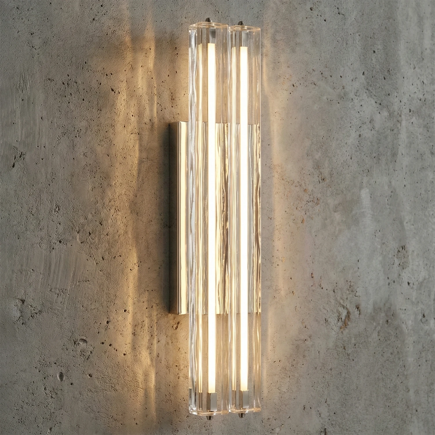 Audubonne Minimalist Crystal Column Sconce - Studio Grey Concrete Background Warm Lit Matte Black Angled | HoaiLamp
