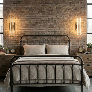 Audubonne Minimalist Crystal Column Sconce - Vintage Black Metal Frame Bed Rough Brick Wall | HoaiLamp