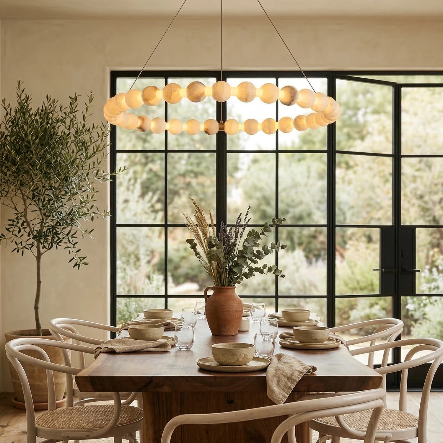 Aura Alabaster Orb Chandelier - Elegant Dining Room Wooden Table Framework | HoaiLamp