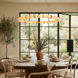 Aura Alabaster Orb Chandelier - Elegant Dining Room Wooden Table Framework | HoaiLamp