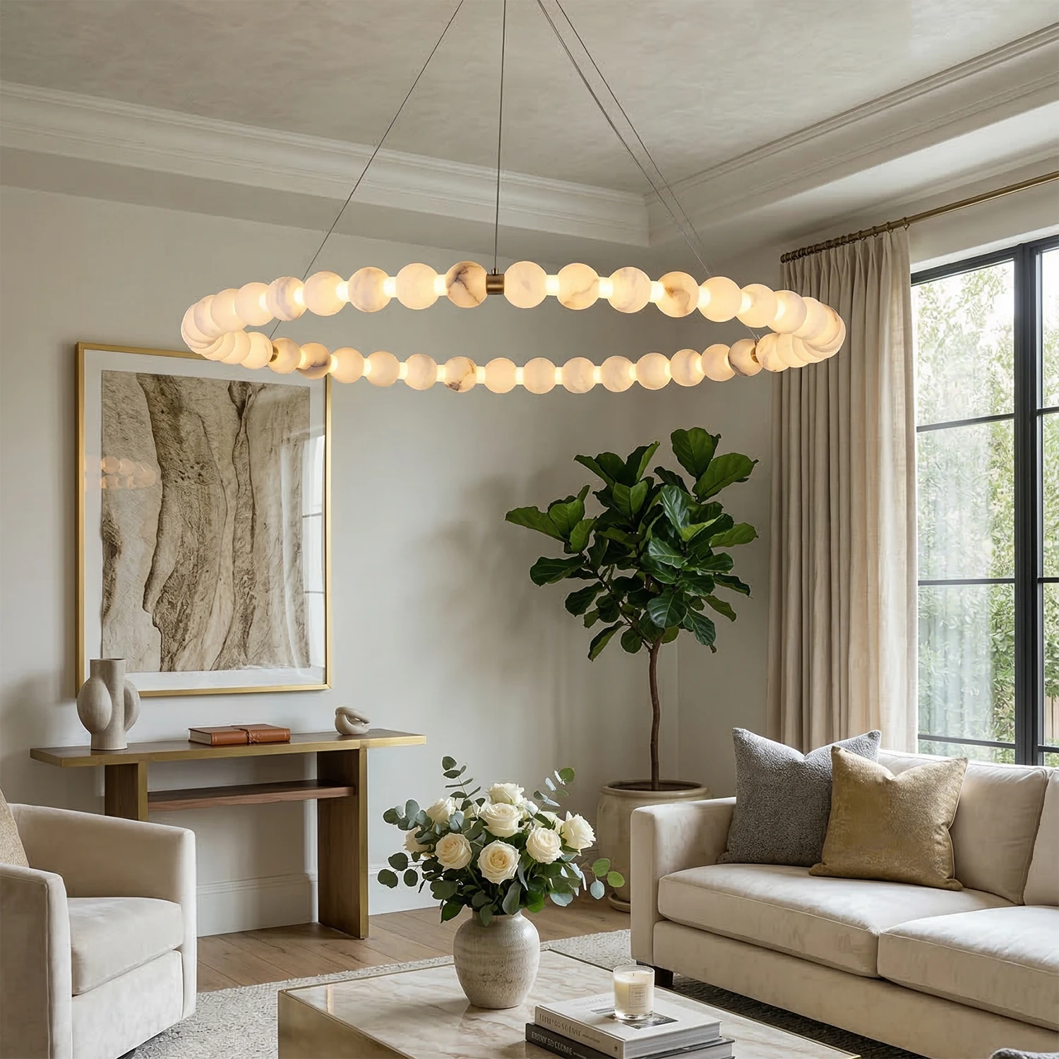Aura Alabaster Orb Chandelier - Luxury Living Room Lounge Area Aesthetic Pendant | HoaiLamp