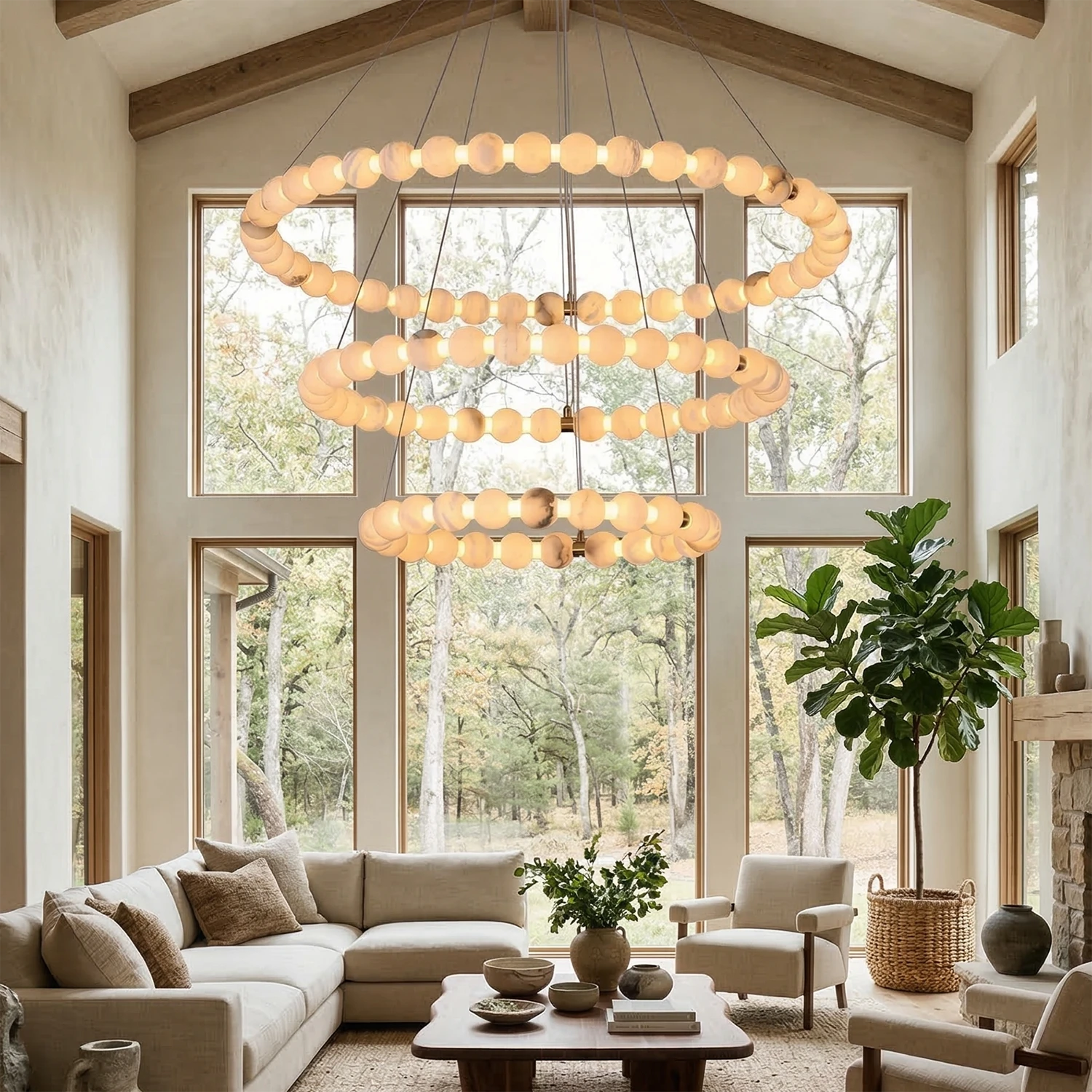 Aura Alabaster Orb Chandelier - Grand Two Story Living Room 3 Tier Ring Spec | HoaiLamp