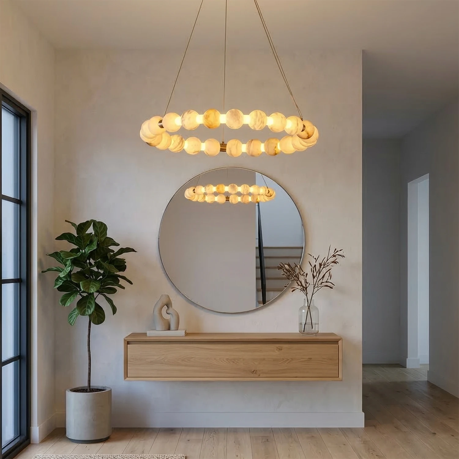 Aura Alabaster Orb Chandelier - Modern Foyer Entrance Floating Console Table Decor | HoaiLamp