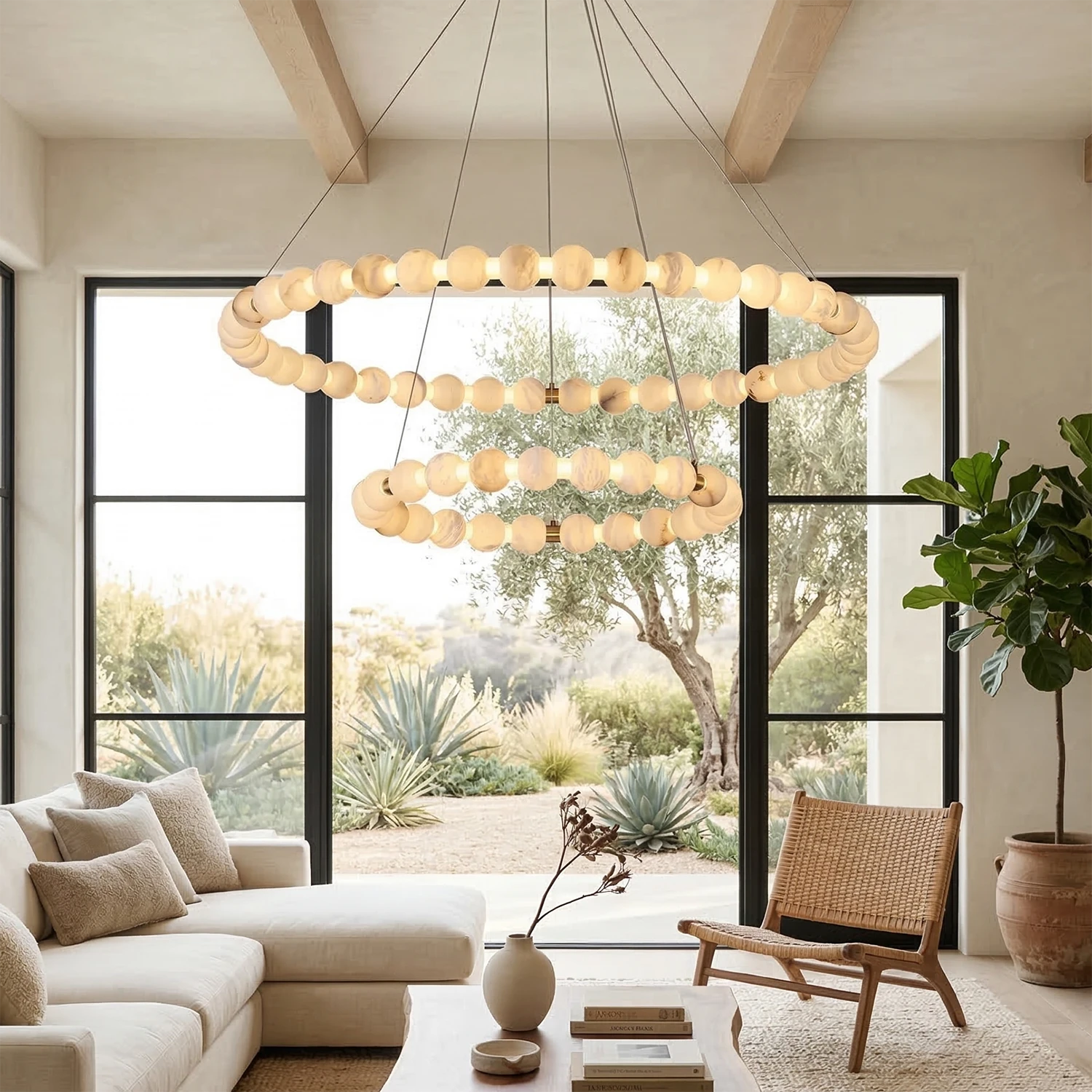 Aura Alabaster Orb Chandelier - Rustic High Ceiling Great Room Grand Chandelier | HoaiLamp