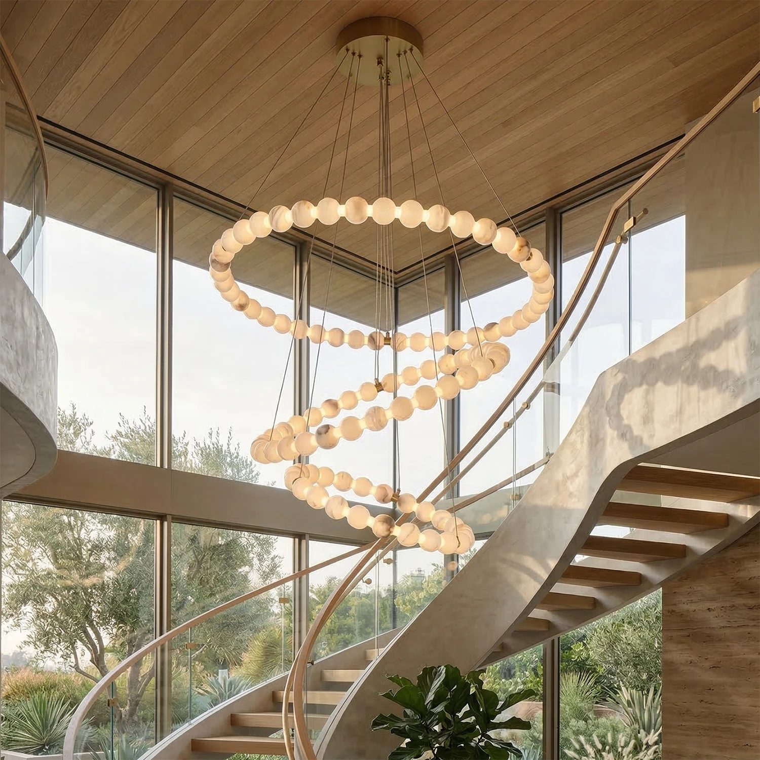 Aura Alabaster Orb Chandelier - Luxury Spiral Staircase Helical Spiral Design | HoaiLamp
