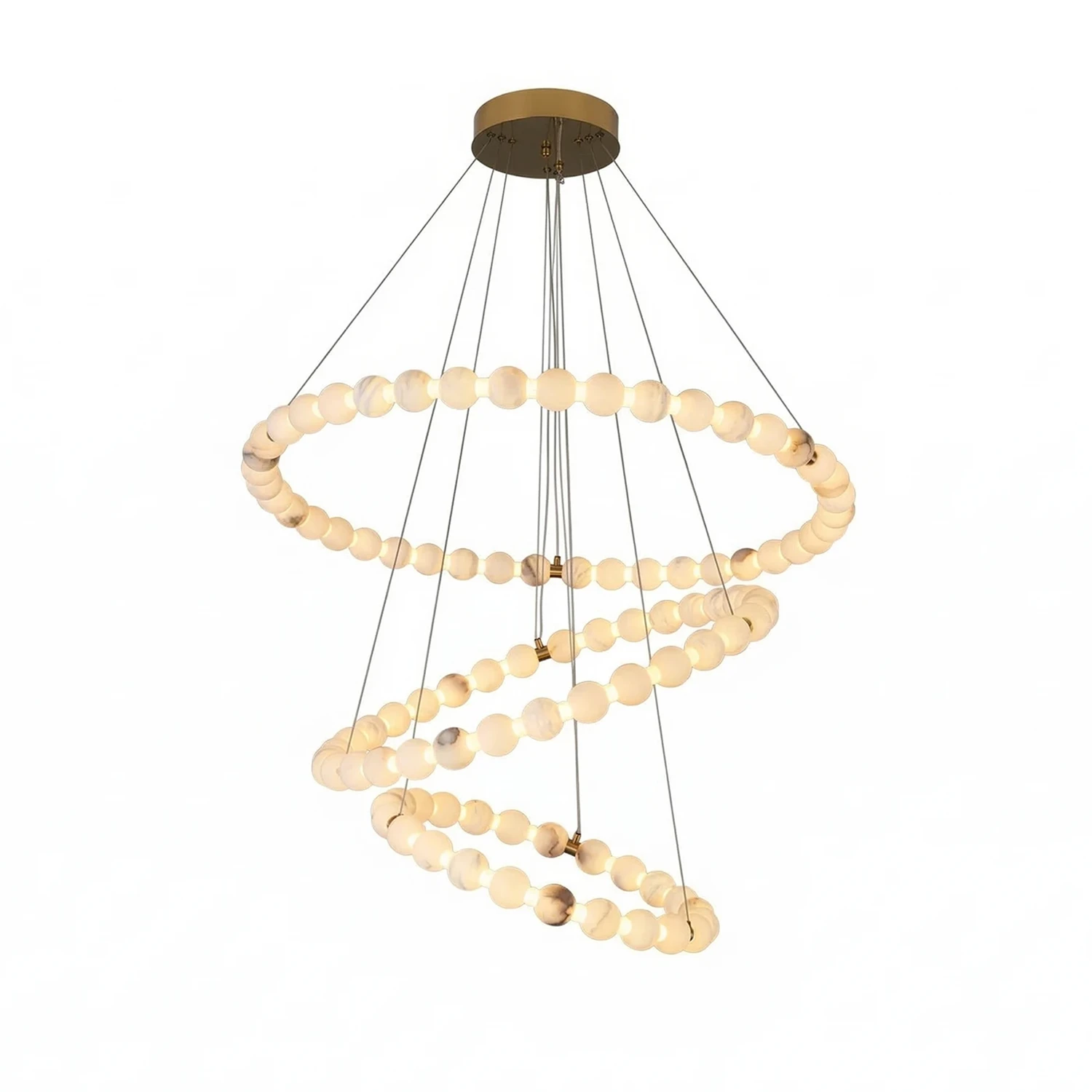 Aura Alabaster Orb Chandelier - White Background 3 Ring Helical High Ceiling Spec | HoaiLamp