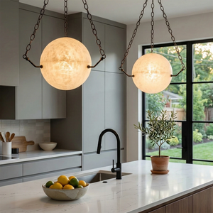 Aurelia Alabaster Sphere Suspension Pendant - Contemporary Open Kitchen Island Slate Gray Cabinetry | HoaiLamp