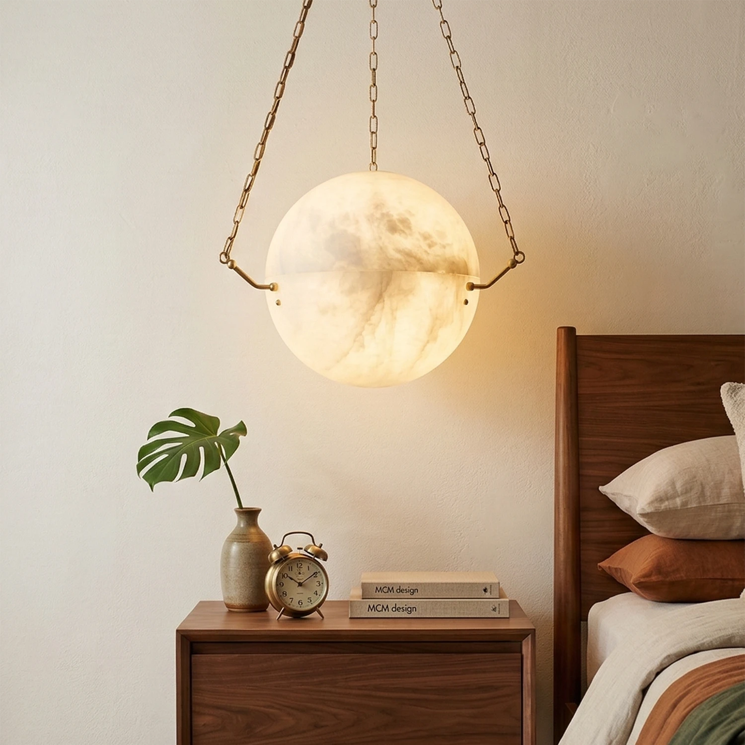 Aurelia Alabaster Sphere Suspension Pendant - Cozy Bedroom Nightstand Wooden Furniture Reading Light | HoaiLamp