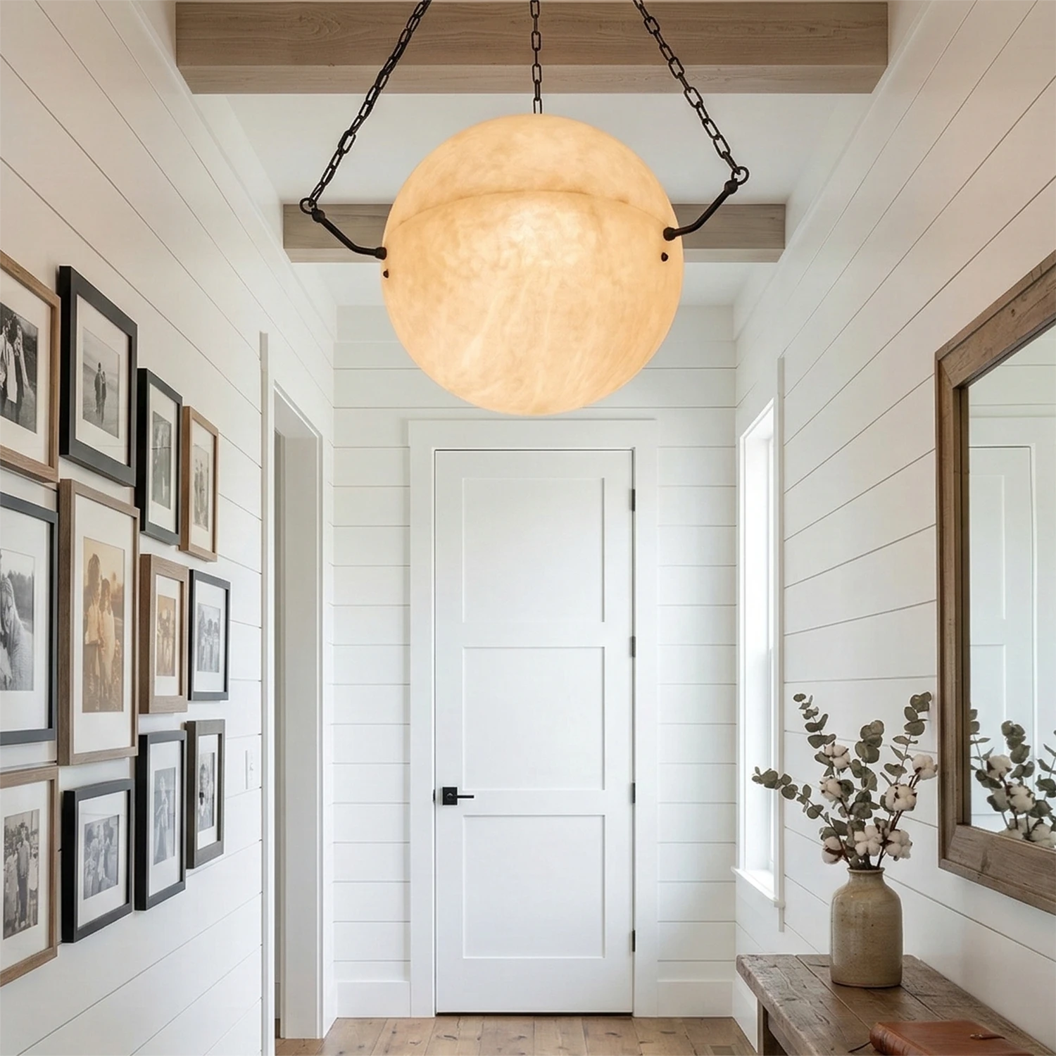 Aurelia Alabaster Sphere Suspension Pendant - Farmhouse Hallway Corridor White Wood Plank Ceiling | HoaiLamp