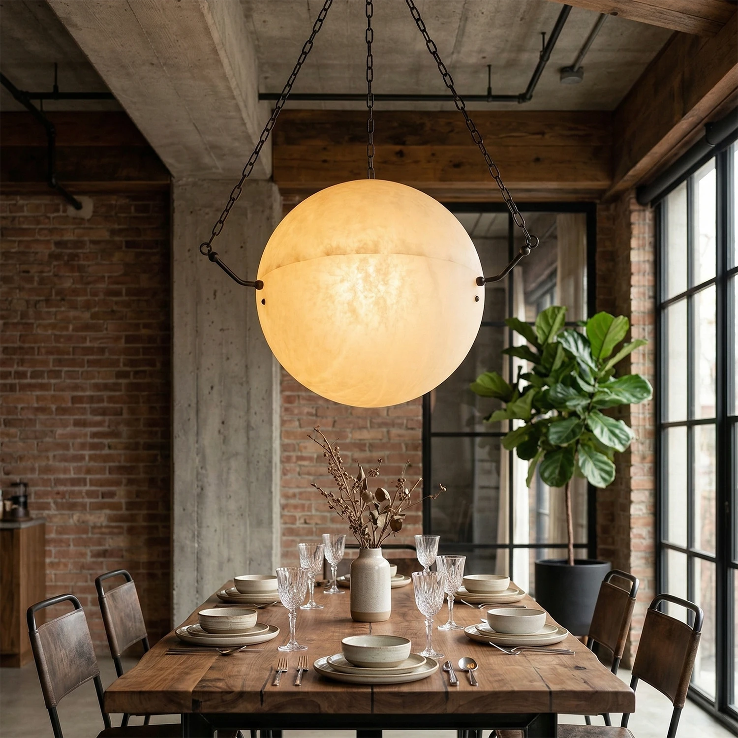 Aurelia Alabaster Sphere Suspension Pendant - Industrial Loft Dining Room Rugged Brick Wall | HoaiLamp
