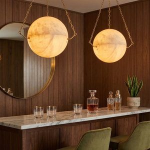 Aurelia Alabaster Sphere Suspension Pendant - Luxury Home Bar Walnut Wood Paneling Parallel Pair | HoaiLamp