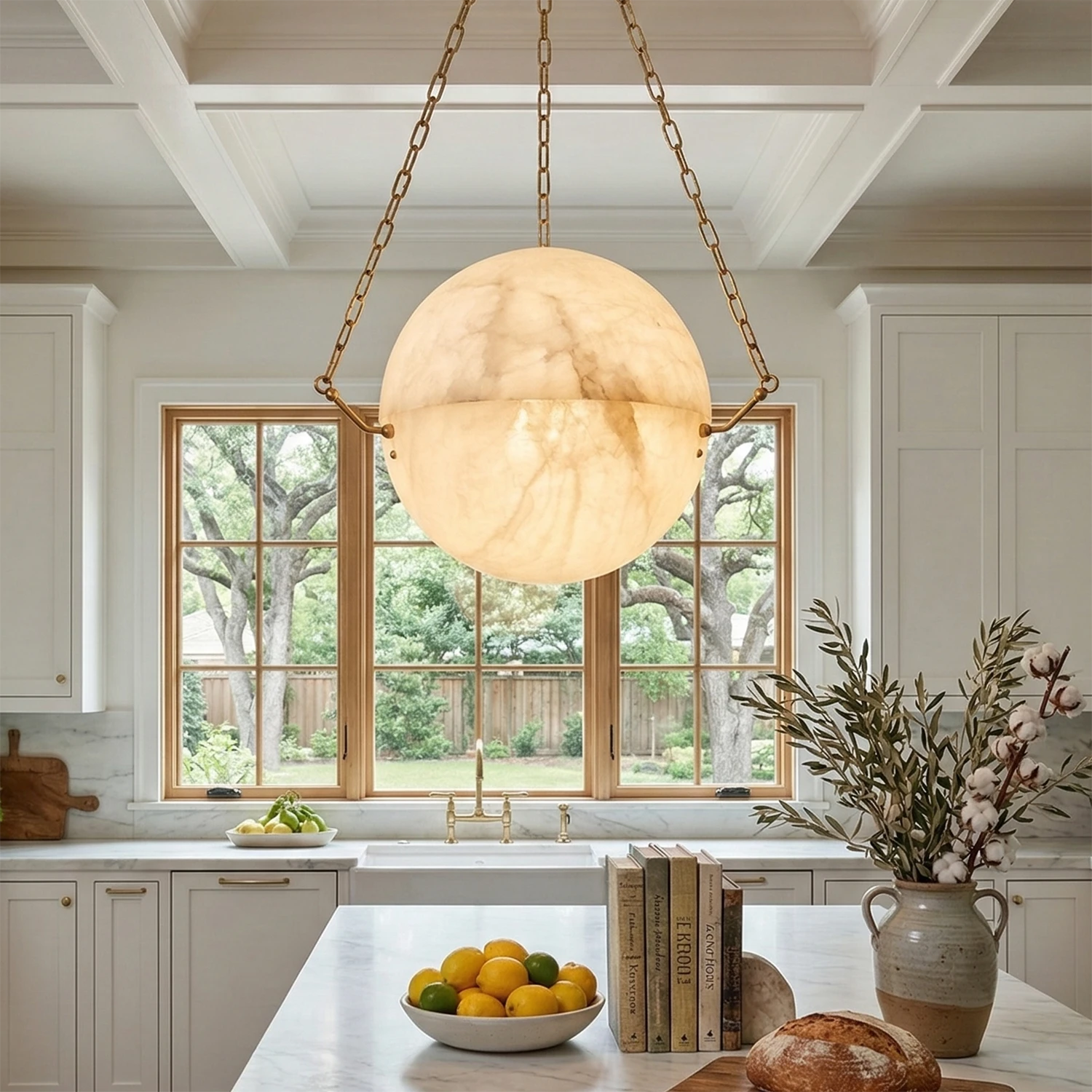 Aurelia Alabaster Sphere Suspension Pendant - Modern Kitchen Island Grid Window Decor | HoaiLamp