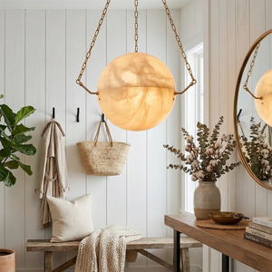 Aurelia Alabaster Sphere Suspension Pendant - Rustic Mudroom Entryway Wooden Bench Decor | HoaiLamp
