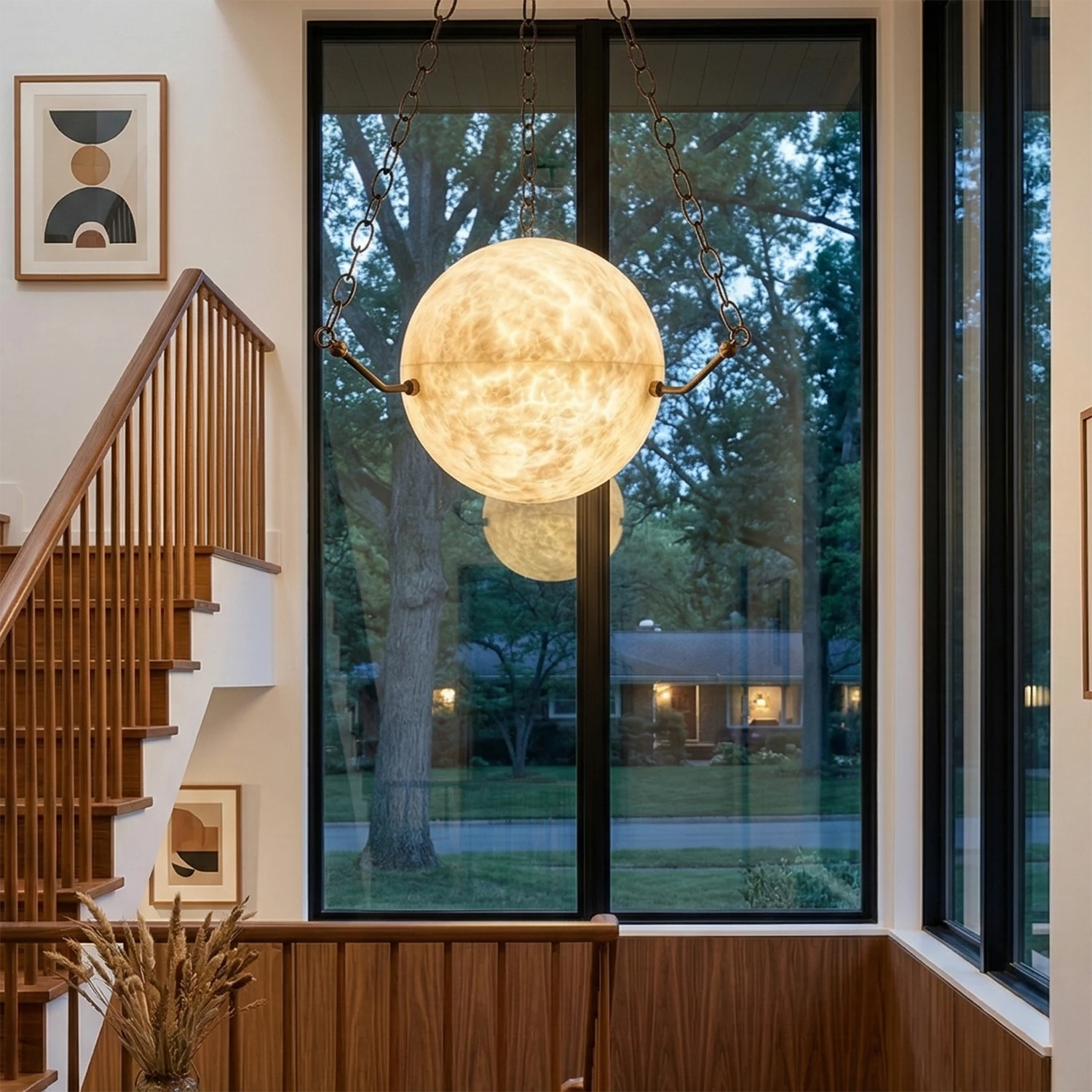 Aurelia Alabaster Sphere Suspension Pendant - Staircase Landing High Black Frame Window View | HoaiLamp