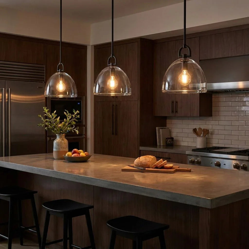 Auric Round Pendant Light by Hoailamp - Dark walnut cabinetry modern kitchen