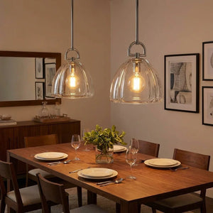 Auric Round Pendant Light by Hoailamp - Mid-century modern dining room with walnut sideboard