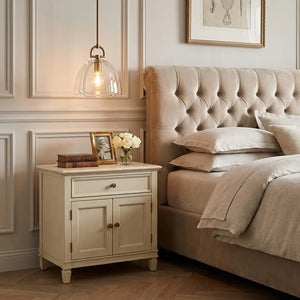 Auric Round Pendant Light by Hoailamp - Elegant American bedroom with white nightstand