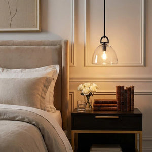 Auric Round Pendant Light by Hoailamp - Black walnut nightstand with modern dark bedroom