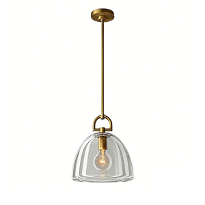 Auric Round Pendant Light by Hoailamp - Brushed brass downrod front studio view