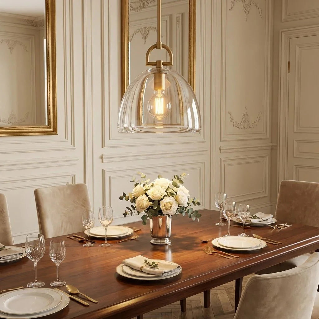 Auric Round Pendant Light by Hoailamp - Classic French dining room with long wooden table