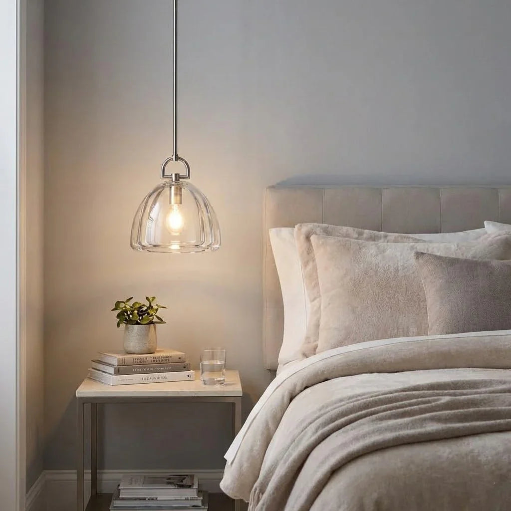 Auric Round Pendant Light by Hoailamp - Minimalist clean bedroom with square side table