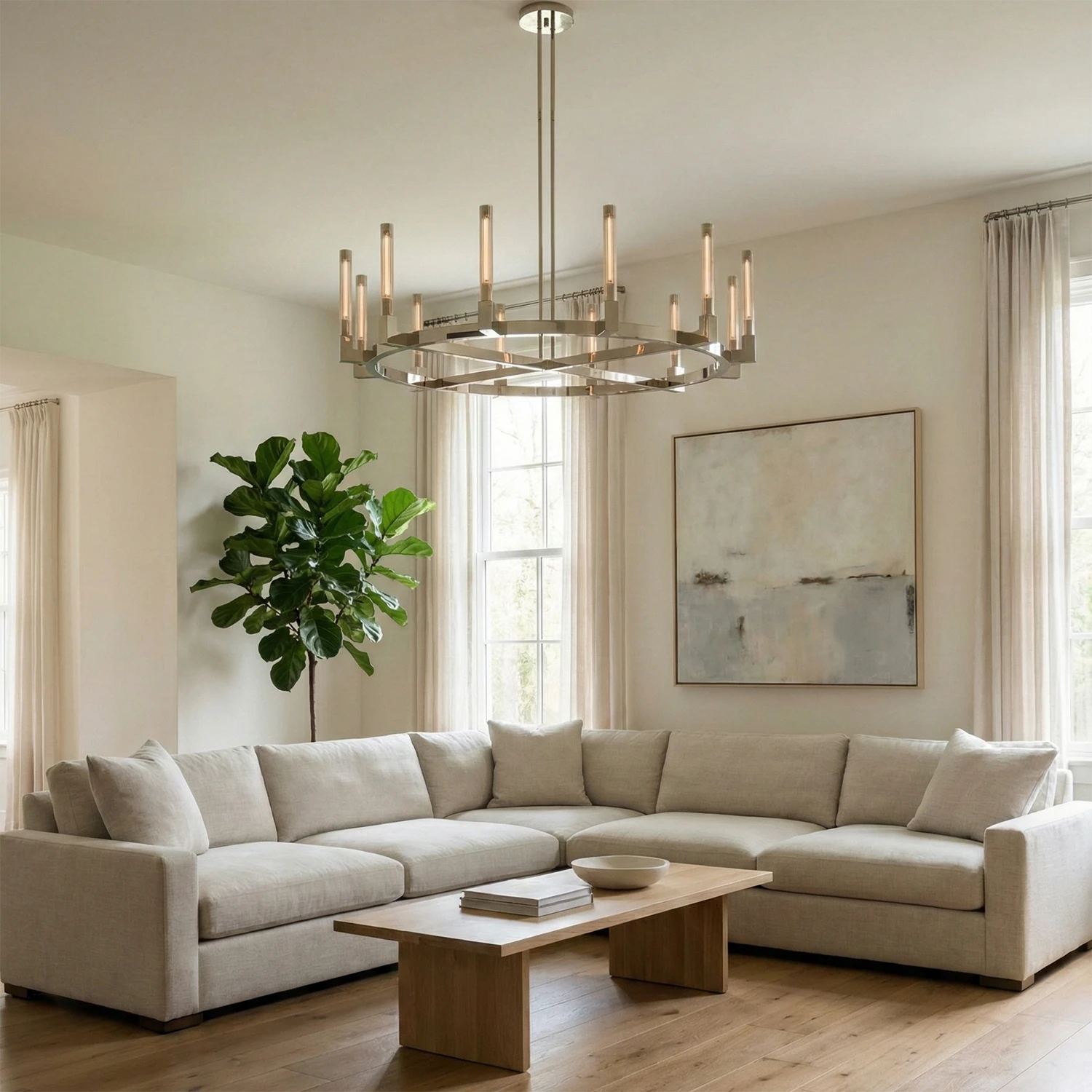 Aurora Crystal Candlestick Linear Glass Tube Chandelier - Bright Airy Living Room Cream Sectional Wood Table | HoaiLamp