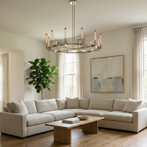 Aurora Crystal Candlestick Linear Glass Tube Chandelier - Bright Airy Living Room Cream Sectional Wood Table | HoaiLamp