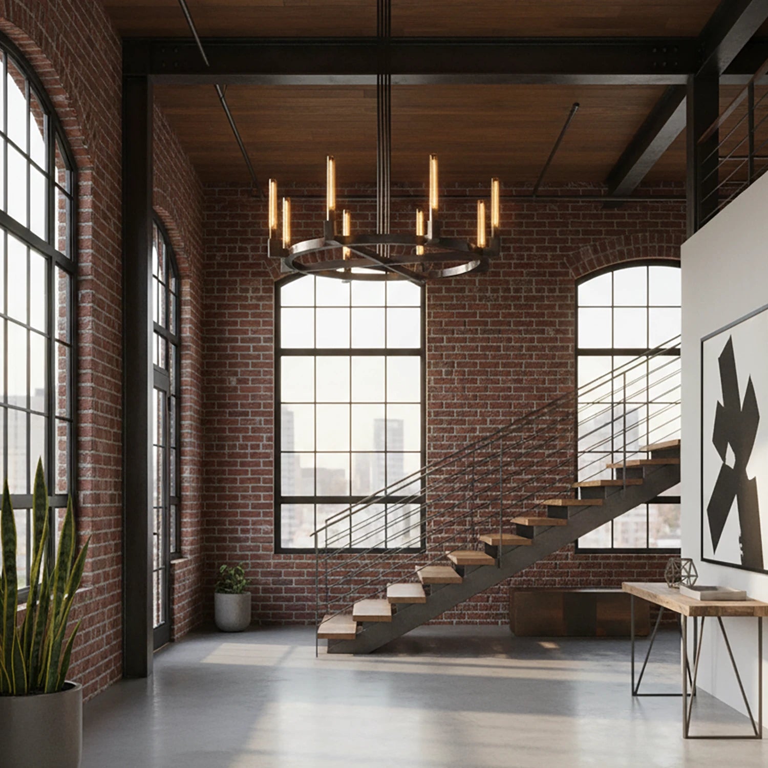 Aurora Crystal Candlestick Linear Glass Tube Chandelier - Grand Industrial Loft Steel Staircase Open Concept | HoaiLamp