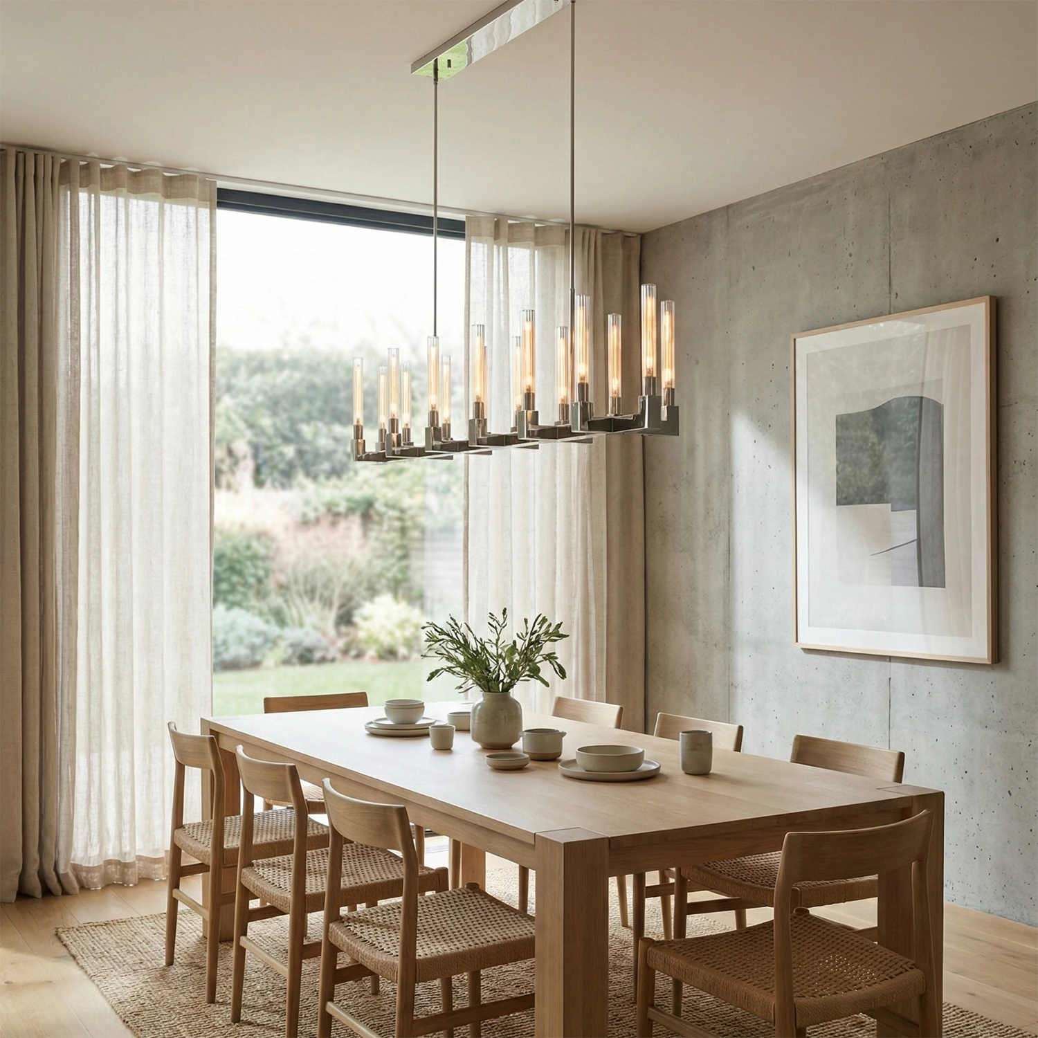 Aurora Crystal Candlestick Linear Glass Tube Chandelier - Bright Minimalist Dining Room Light Oak Table Garden View | HoaiLamp