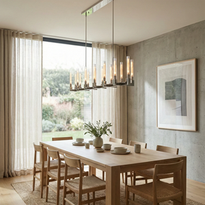 Aurora Crystal Candlestick Linear Glass Tube Chandelier - Bright Minimalist Dining Room Light Oak Table Garden View | HoaiLamp