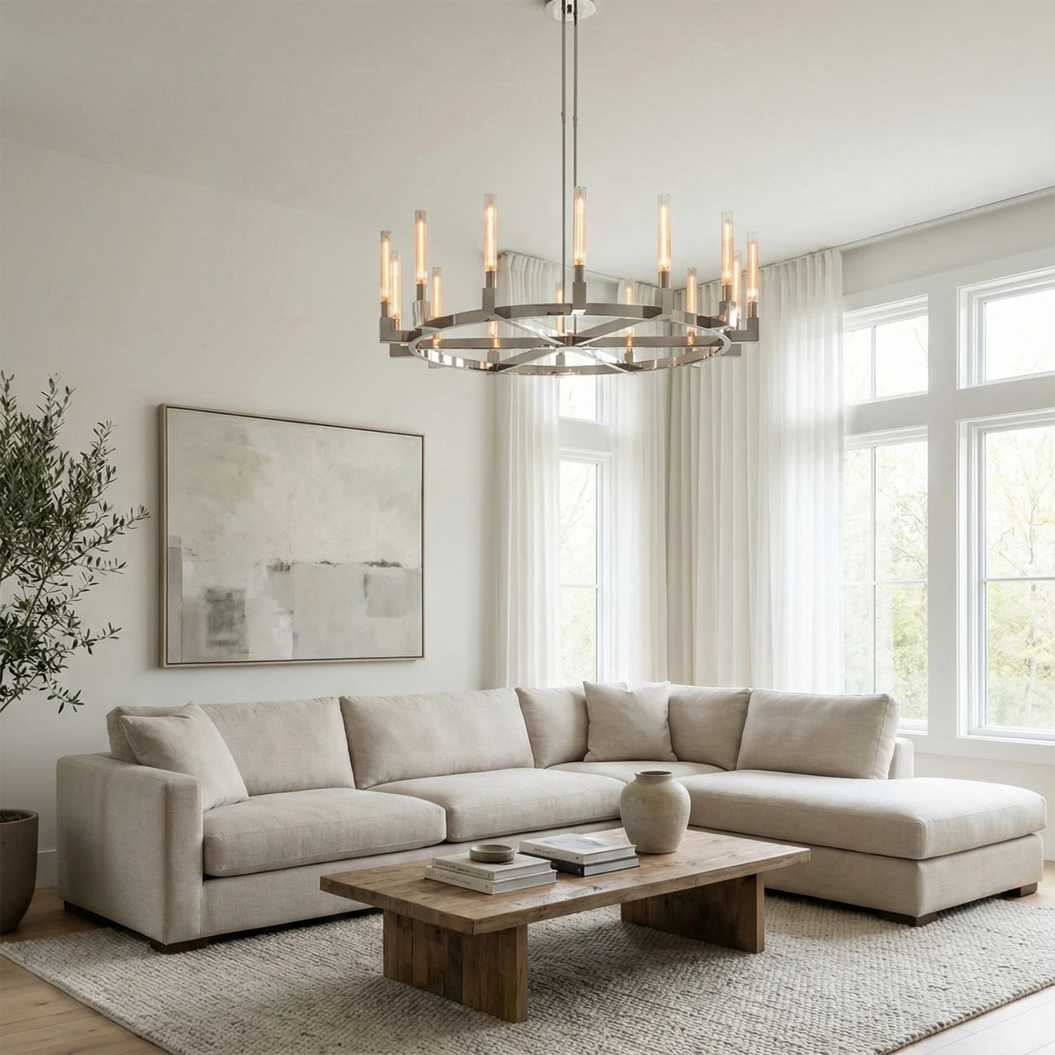 Aurora Crystal Candlestick Linear Glass Tube Chandelier - Modern Minimalist Bright Living Room Cream Sectional | HoaiLamp