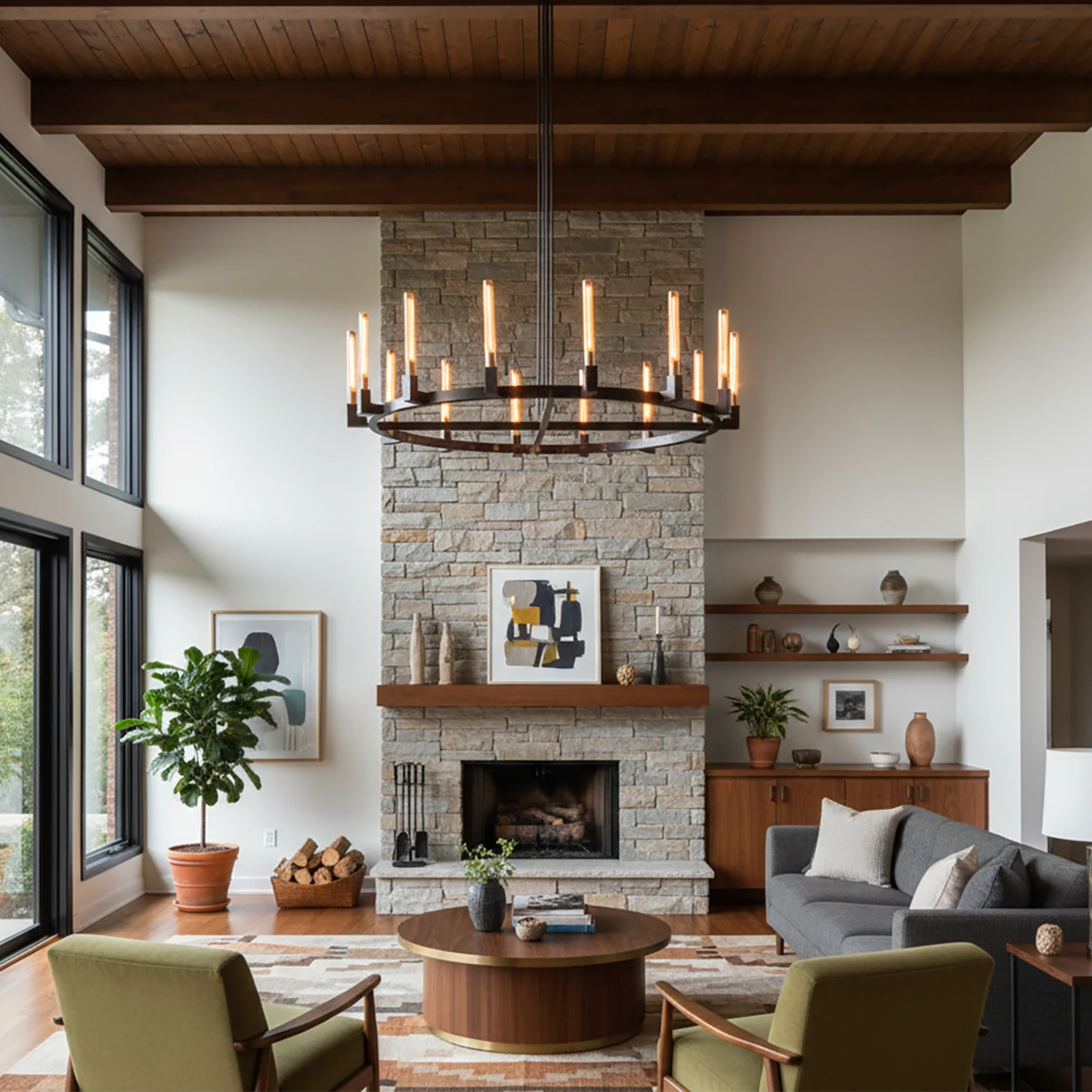 Aurora Crystal Candlestick Linear Glass Tube Chandelier - Cozy Living Room Brick Fireplace Exposed Ceiling Beams | HoaiLamp