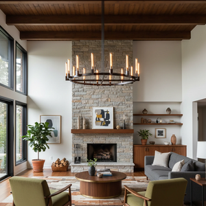 Aurora Crystal Candlestick Linear Glass Tube Chandelier - Cozy Living Room Brick Fireplace Exposed Ceiling Beams | HoaiLamp