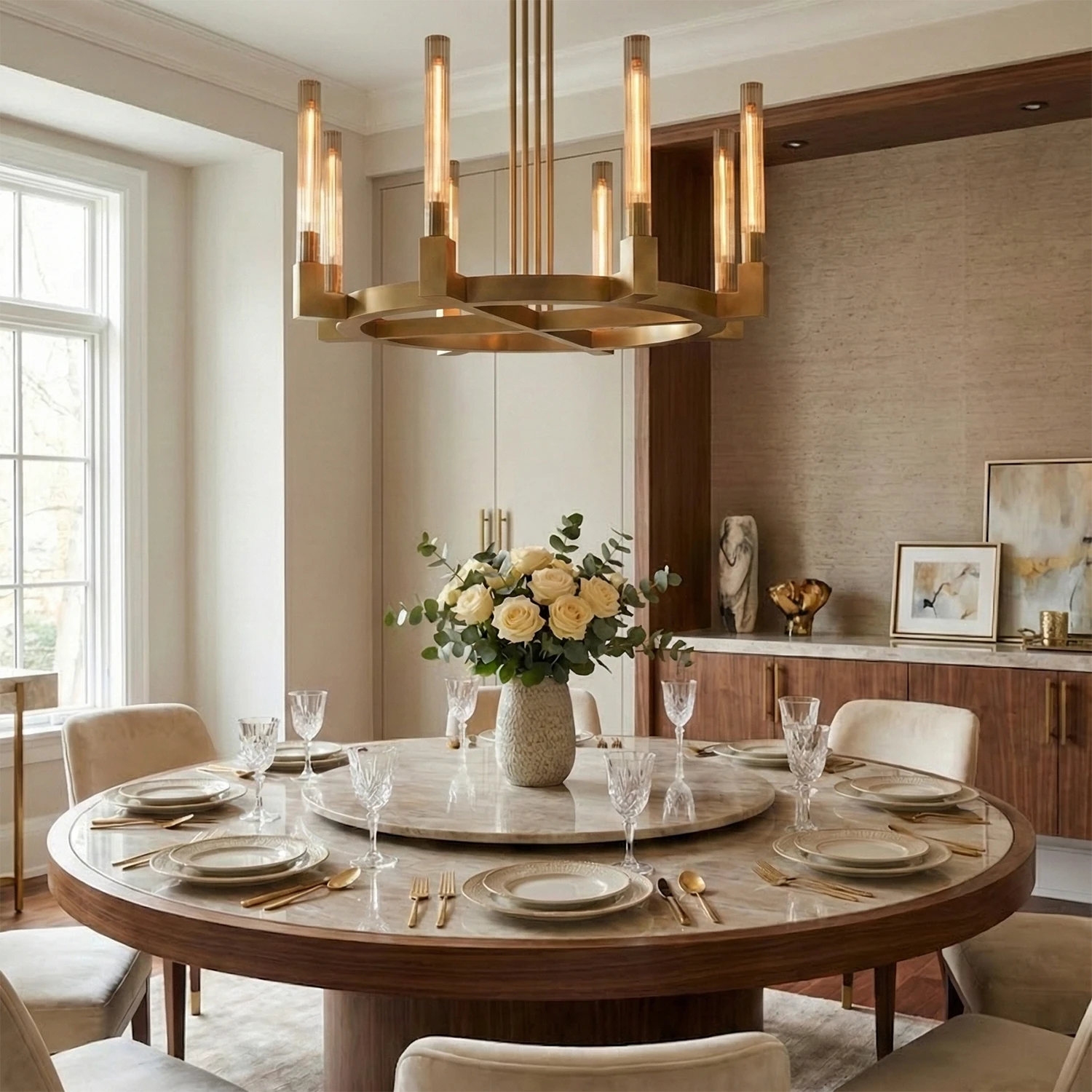Aurora Crystal Candlestick Linear Glass Tube Chandelier - Luxury Dining Room Round Marble Table Lazy Susan | HoaiLamp