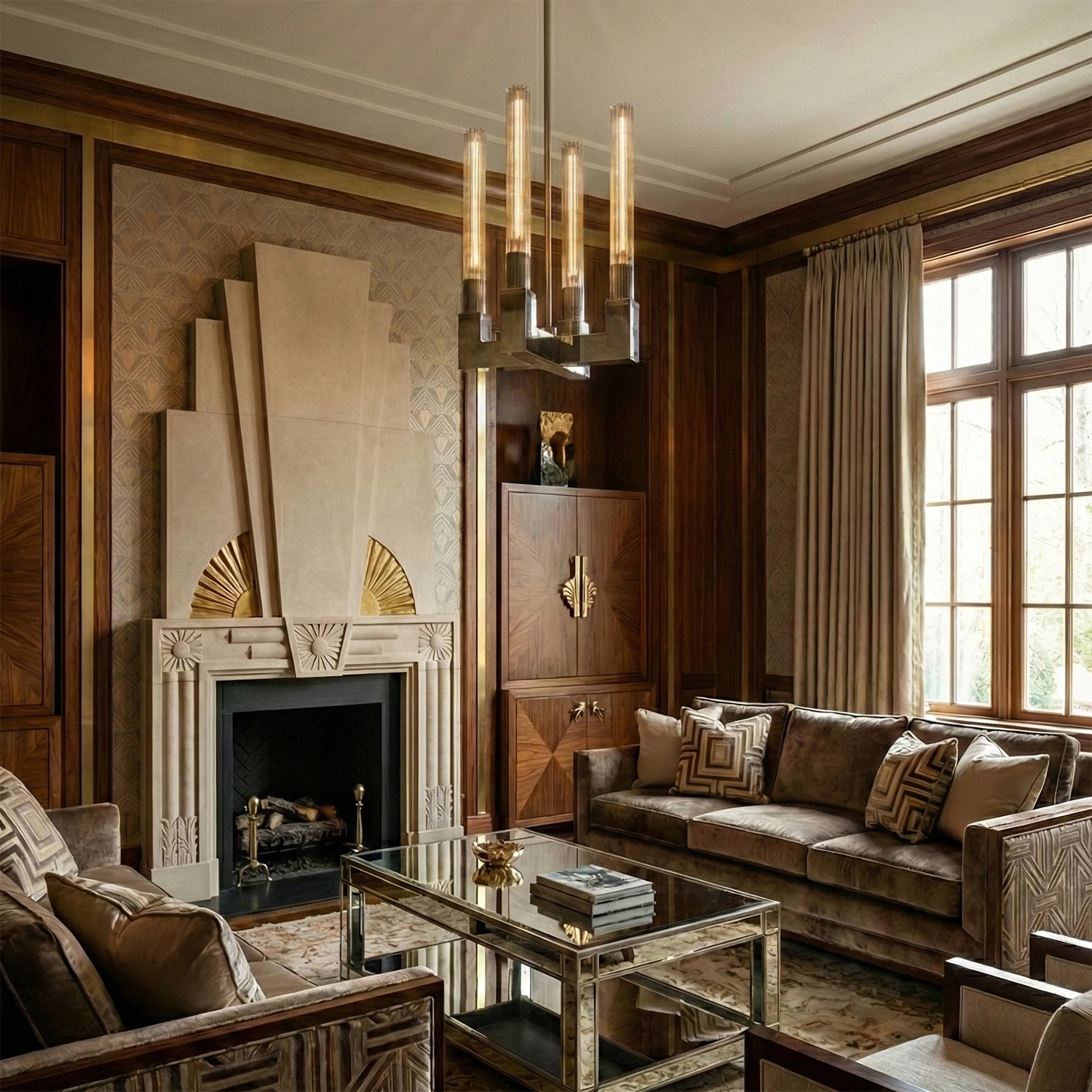 Aurora Crystal Candlestick Linear Glass Tube Chandelier - Luxury Wood Paneled Living Room Fireplace Brass | HoaiLamp
