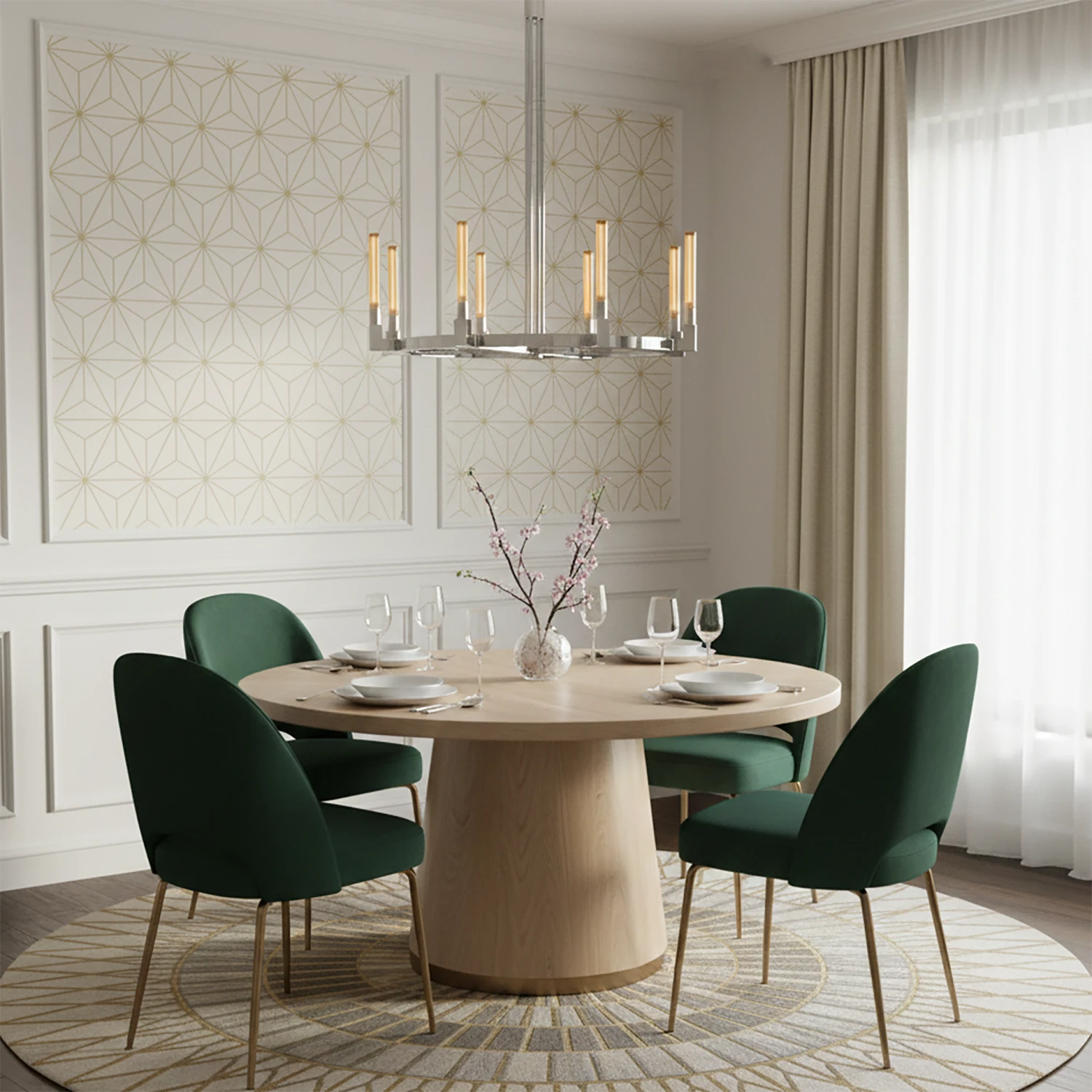 Aurora Crystal Candlestick Linear Glass Tube Chandelier - Modern Dining Room Geometric Wall Green Velvet Chairs | HoaiLamp