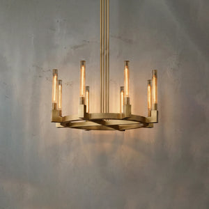 Aurora Crystal Candlestick Linear Glass Tube Chandelier - Studio Grey Concrete Single Tier Brass Ring Lit | HoaiLamp