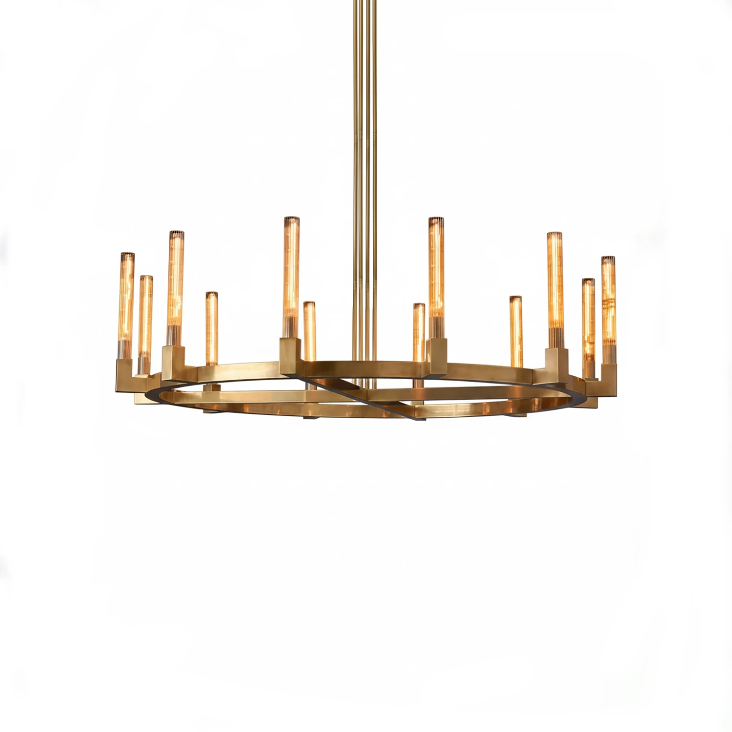 Aurora Crystal Candlestick Linear Glass Tube Chandelier - Studio White Background Brushed Gold Round Ring Chandelier Large | HoaiLamp