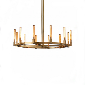 Aurora Crystal Candlestick Linear Glass Tube Chandelier - Studio White Background Brushed Gold Round Ring Chandelier Large | HoaiLamp